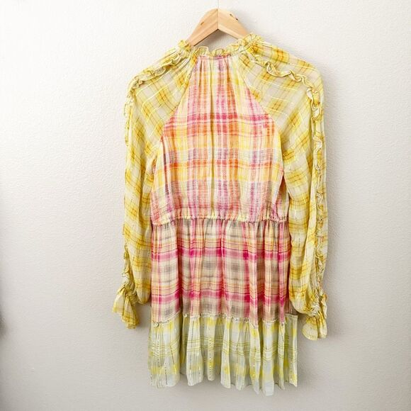 HEMANT AND NANDITA | Thick & Thin Striped Plaid Dress Yellow Pink Orange | Small - Picture 7 of 8